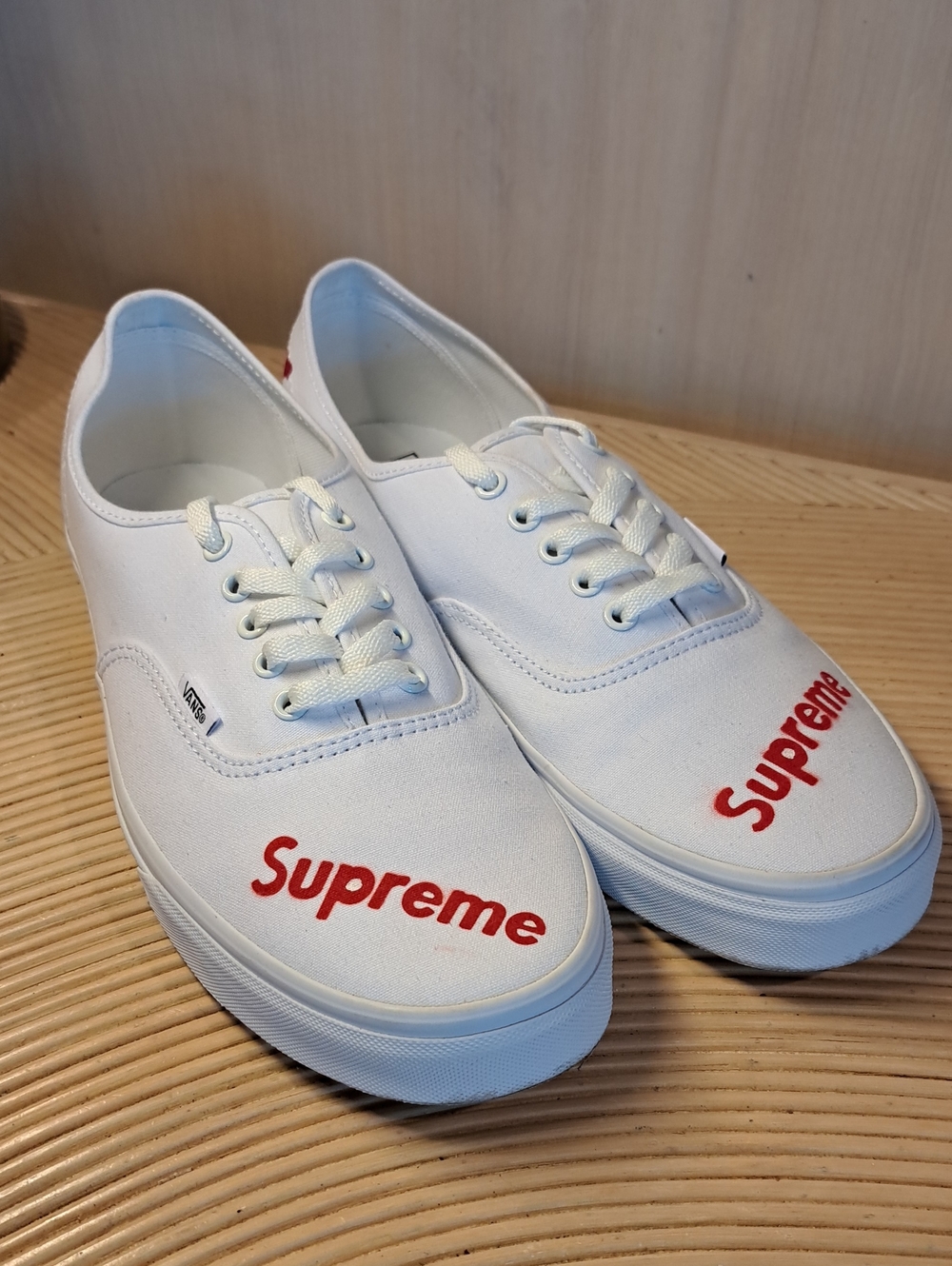Vans White Authentic Sneakers with Customised Red 'Supreme' Logo US 13